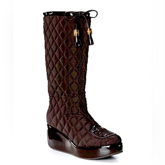 Tory Burch Black Gigi Nylon Quilted Tall wedge boots brown logo size 10 like new - Picture 1 of 13